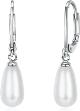 14K Gold | White Gold Plated Sterling Silver Hoop, AAA  Quality Simulated Shell Pearl Leverback Dangle Stud Pearl Earrings | Silver Earings, Gold Earrings For Women | Oval and Teardrop Pearl
