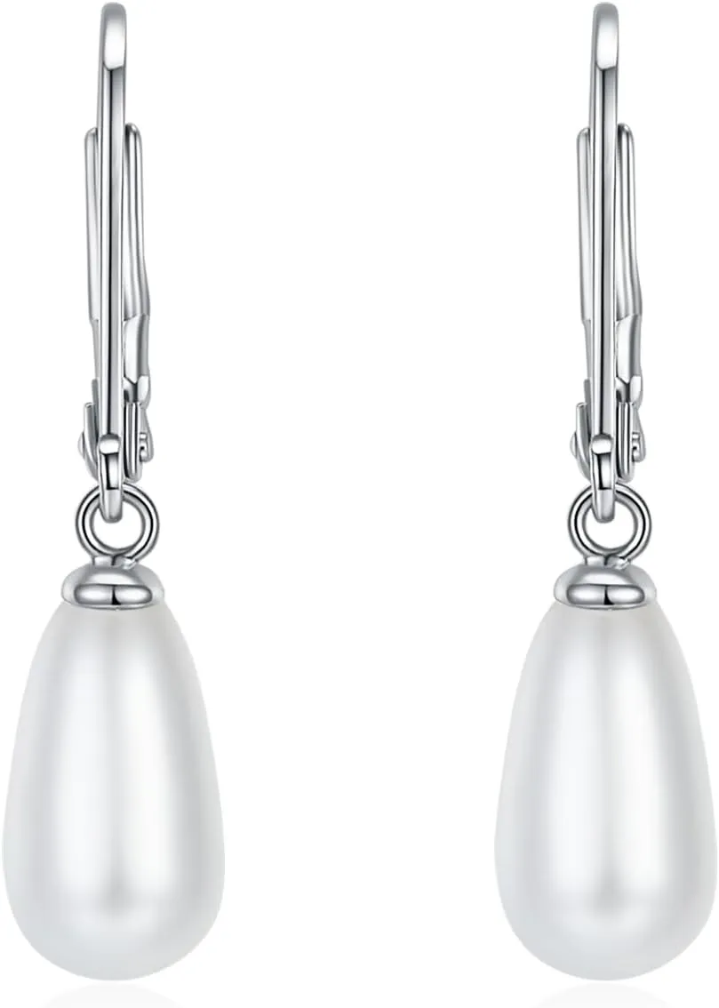 14K Gold | White Gold Plated Sterling Silver Hoop, AAA  Quality Simulated Shell Pearl Leverback Dangle Stud Pearl Earrings | Silver Earings, Gold Earrings For Women | Oval and Teardrop Pearl