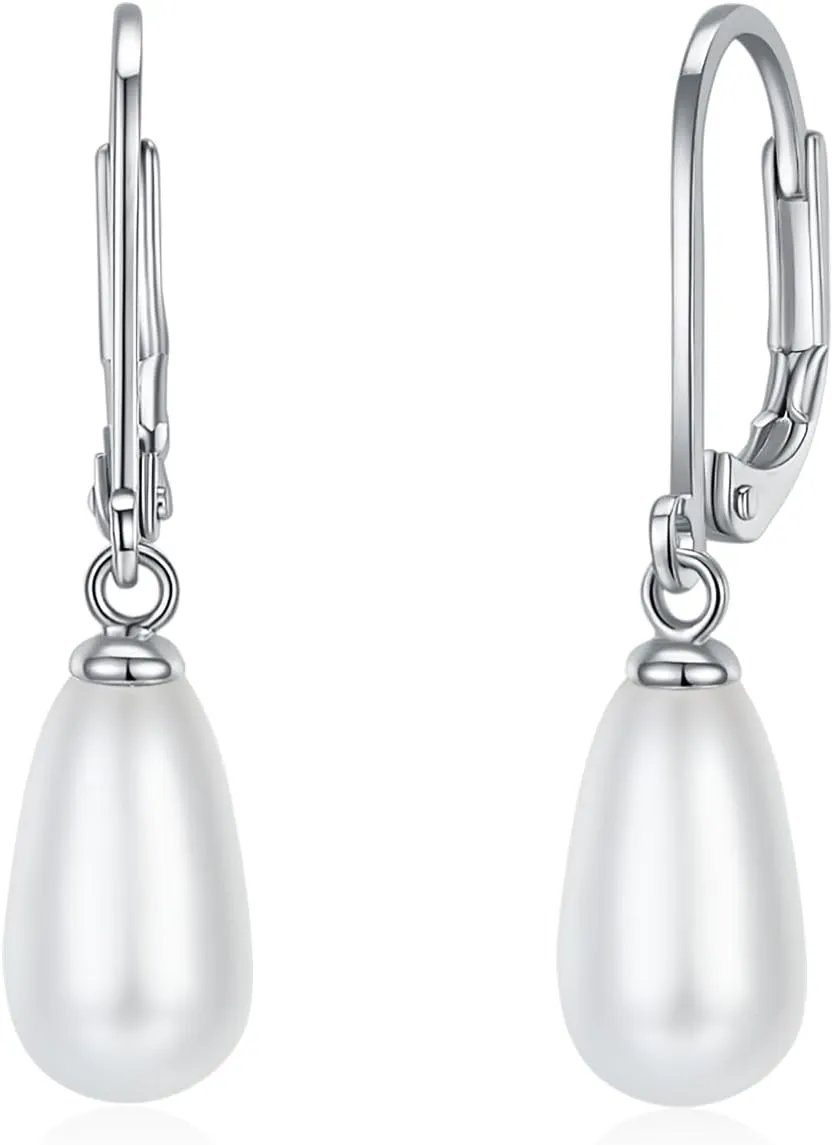 14K Gold | White Gold Plated Sterling Silver Hoop, AAA  Quality Simulated Shell Pearl Leverback Dangle Stud Pearl Earrings | Silver Earings, Gold Earrings For Women | Oval and Teardrop Pearl