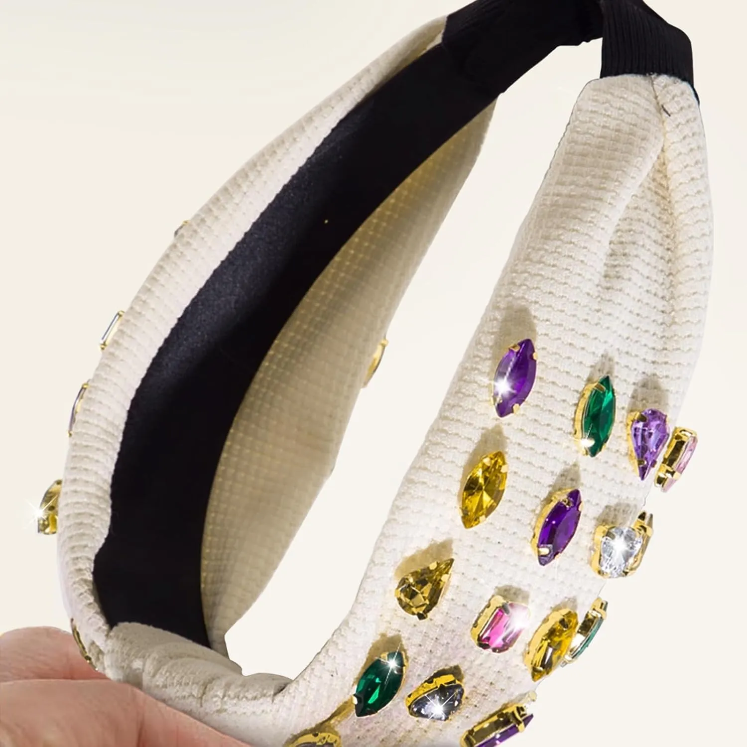 1Pc Beige Wide Top Knot Headband Fashion Crystal Rhinestone Jeweled Knotted Headband for Women Embellished Head Bands Hair Accessories