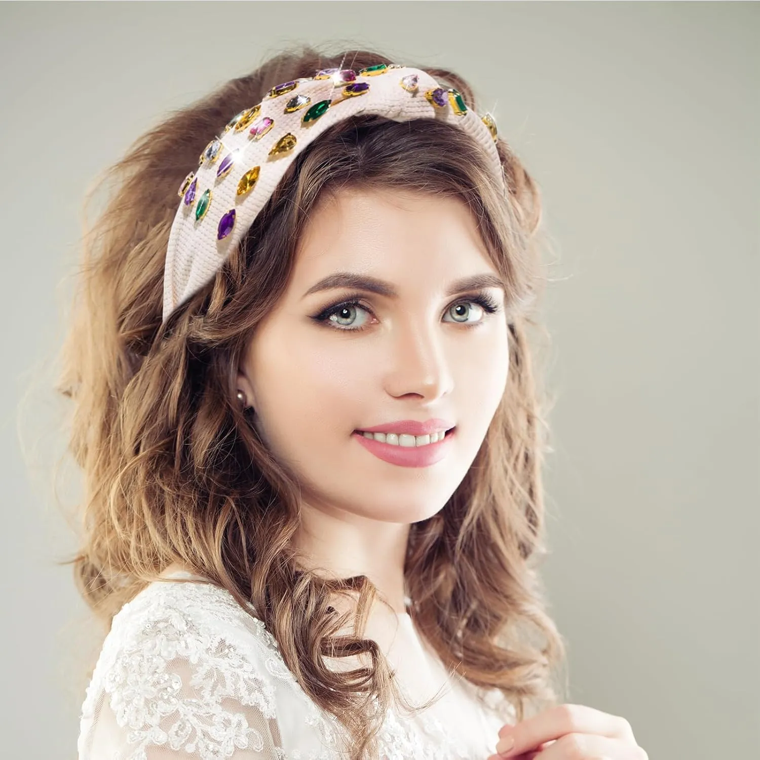 1Pc Beige Wide Top Knot Headband Fashion Crystal Rhinestone Jeweled Knotted Headband for Women Embellished Head Bands Hair Accessories