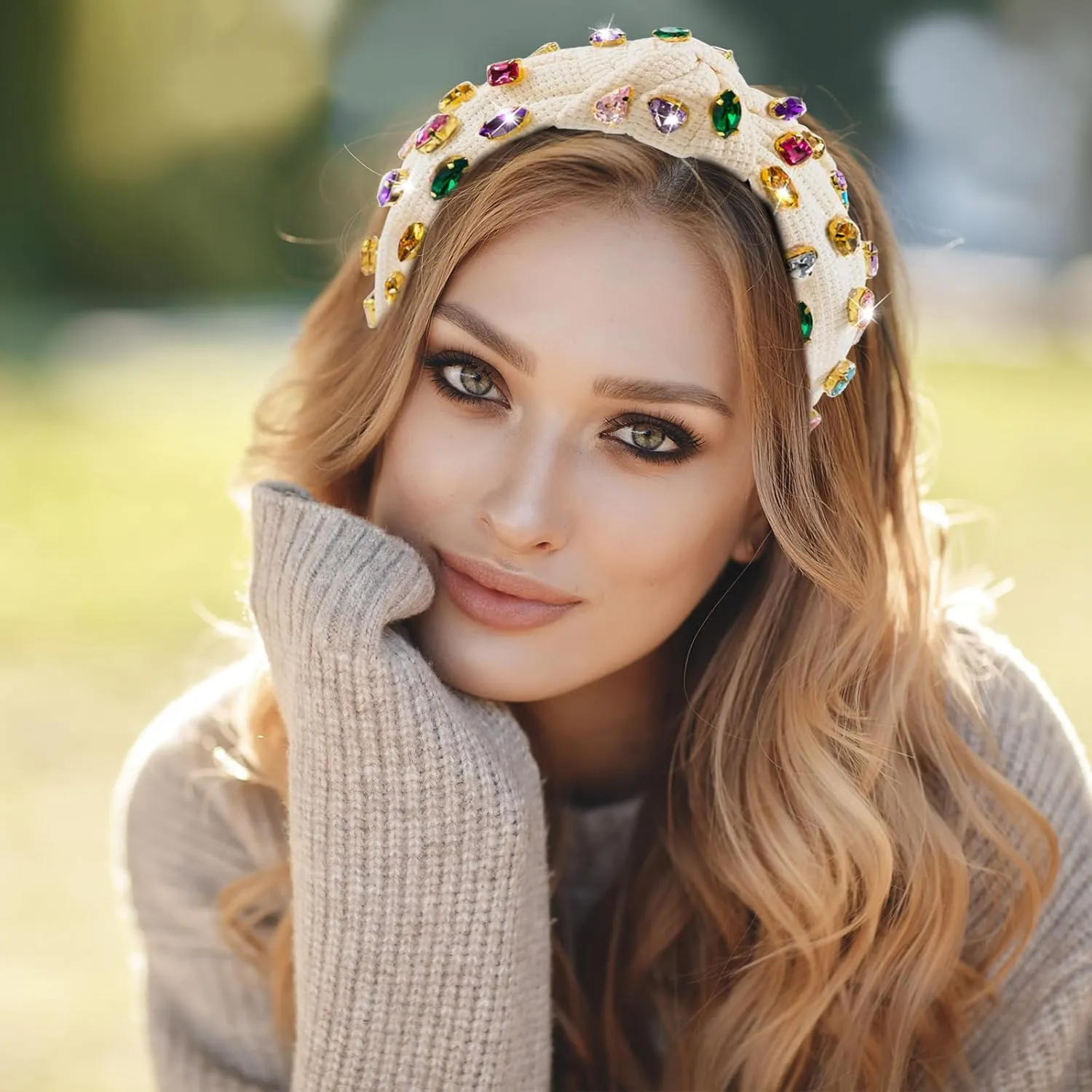 1Pc Beige Wide Top Knot Headband Fashion Crystal Rhinestone Jeweled Knotted Headband for Women Embellished Head Bands Hair Accessories