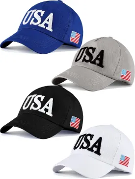 4 Pieces USA Hats for Men American Flag Cap Adjustable Embroidered Patriotic Baseball Hat Trucker Hat for Men Women