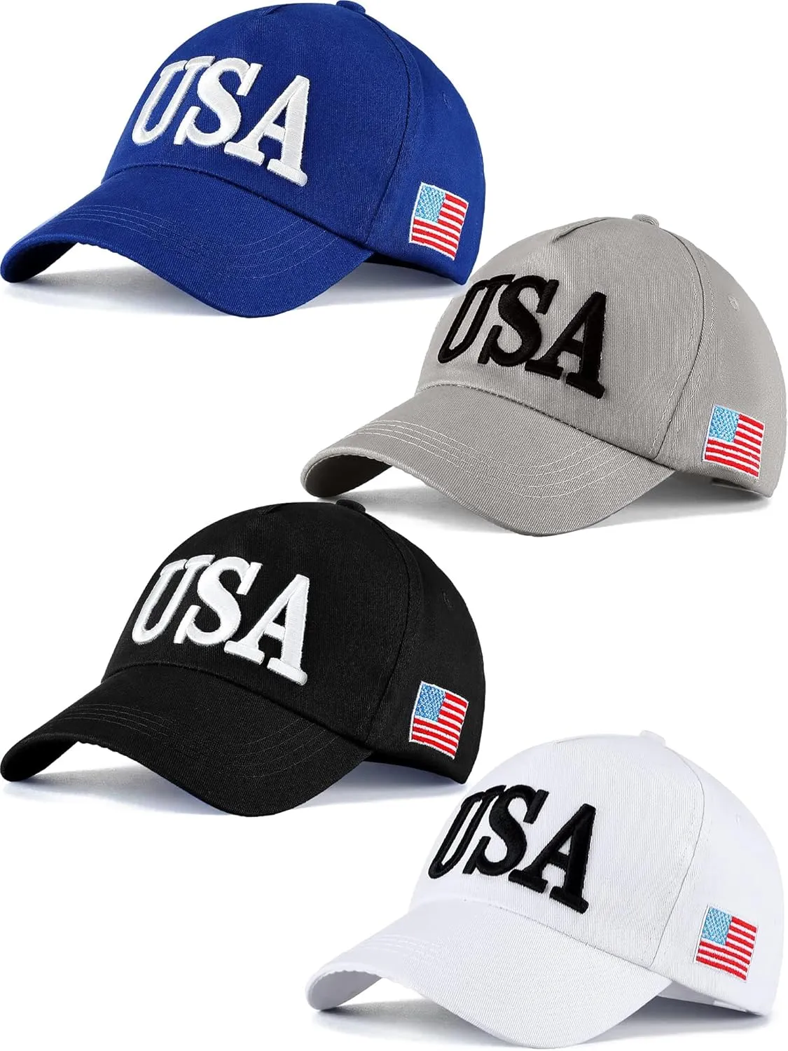 4 Pieces USA Hats for Men American Flag Cap Adjustable Embroidered Patriotic Baseball Hat Trucker Hat for Men Women