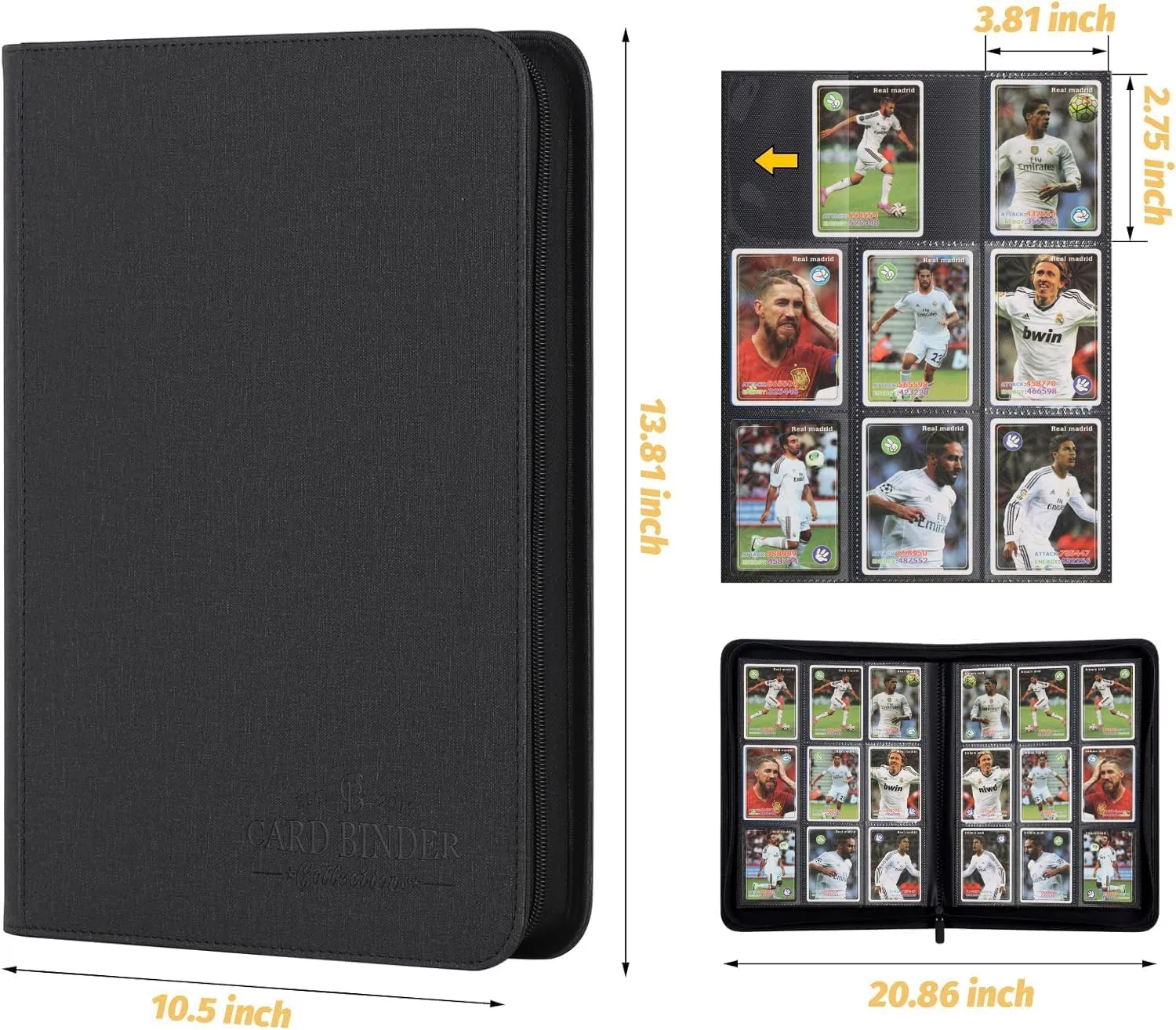 9 Pocket Card Binder, Premium Zip Trading Card Binder, 540 Double Sided Pocket PU Collection Binder, Collector Album, Card Folder for MTG, TCG, Sports Cards (Black)