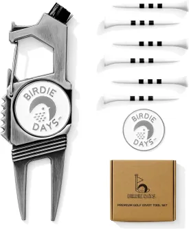 Ball Marker and Magnetic Divot Tool Gift Sets | Antique Silver or Brass Finish | 2 Markers | 1 Multi-Functional Golf Divot Repair | Bottle Opener | Groove Brush Cleaner | Premium Gift Box
