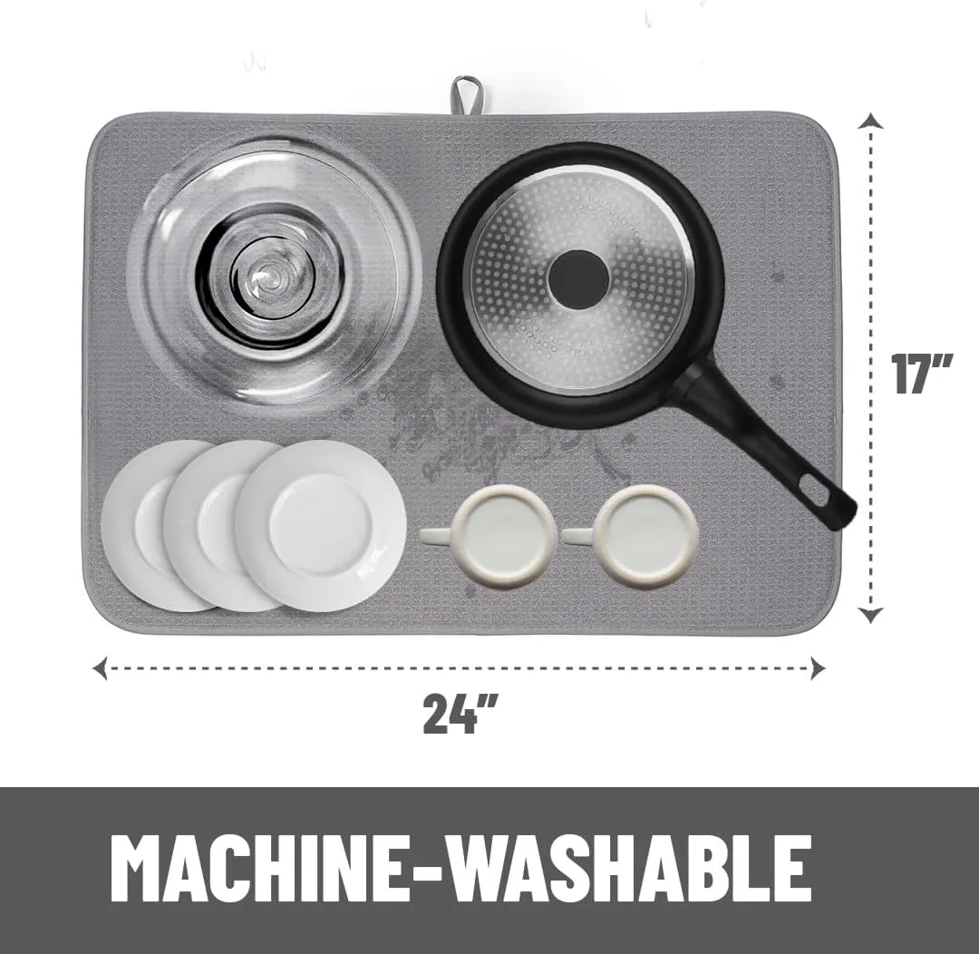 Bellemain XXL Dish Mat 24" x 17" ( LARGEST MAT ) Microfiber Dish Drying Mat , Super absorbent ( Gray )