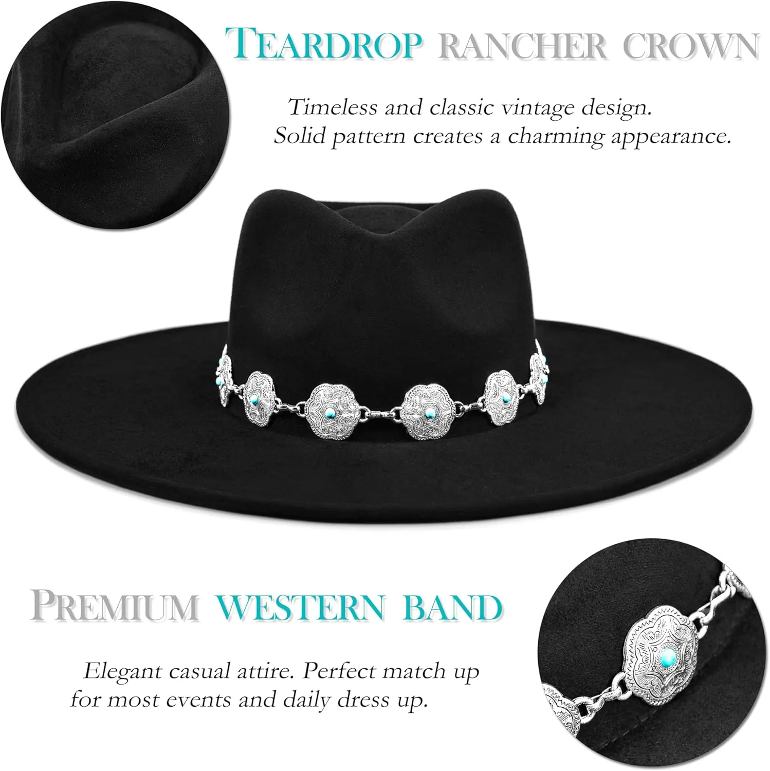 Big Wide Brim Boho Western Hat for Women and Men - Felt Rancher Fedora Hat with 4 inches Flat Brim