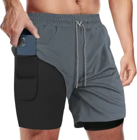 candyfouse Men's 2 in 1 Running Shorts, Quick Dry Workout Shorts with Liner, Athletic Shorts with Zip Pockets and Towel Loop