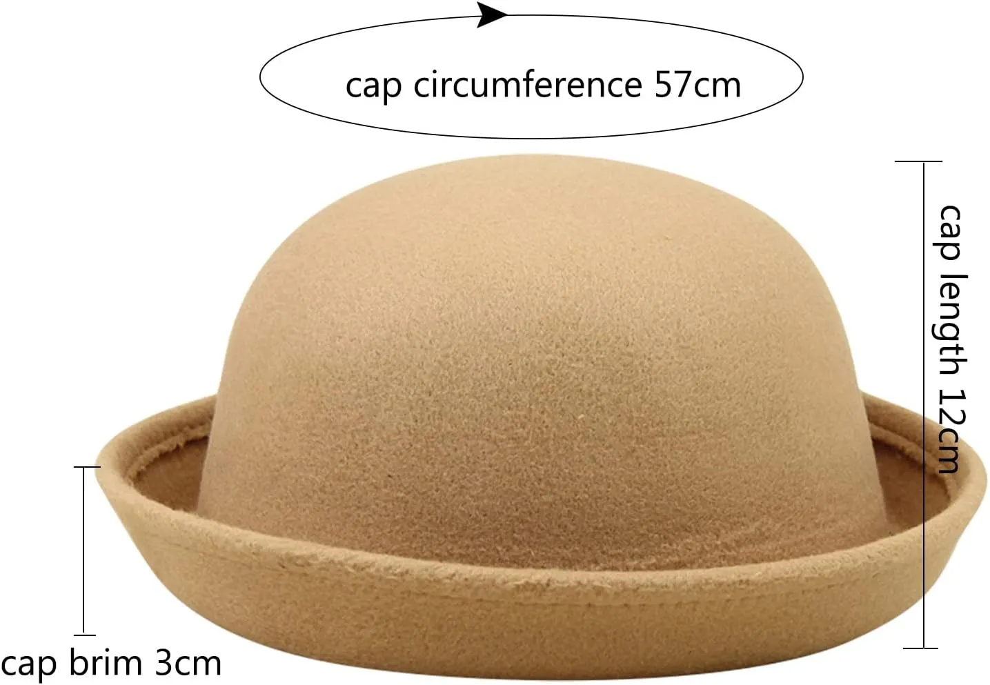 Classic Wool Round Bowler Hats Trendy Fedora Bucket Caps with Roll-up Brim for Youth Petite Bowler Hat