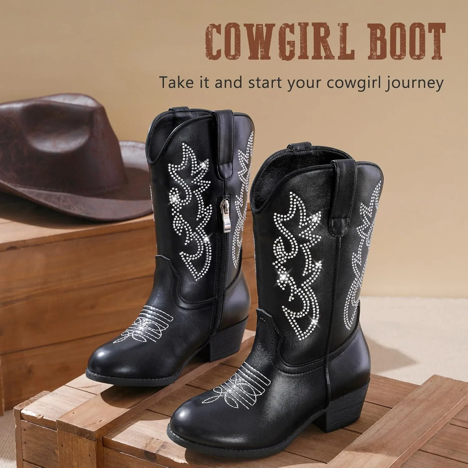 Cowboy Boots for Girls Pointed Toe Kids Cowgirl Boots Mid Calf Western Youth Cowgirl Boots Horse Riding Party for Toddler Little Big Kids
