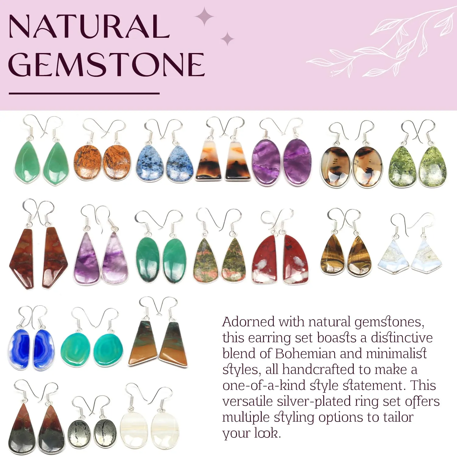 Earrings Set for Women - 10 Pairs Crystal Drop & Dangle Earrings, Assorted Natural Gemstones - Handcrafted