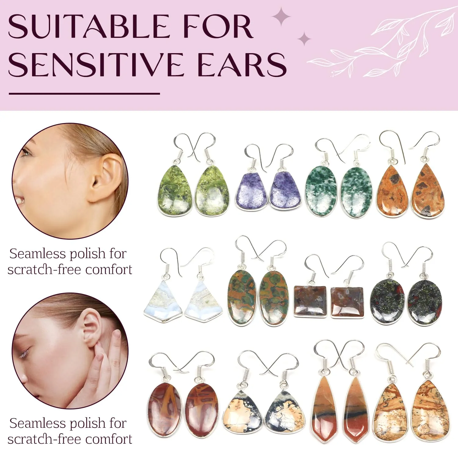 Earrings Set for Women - 10 Pairs Crystal Drop & Dangle Earrings, Assorted Natural Gemstones - Handcrafted