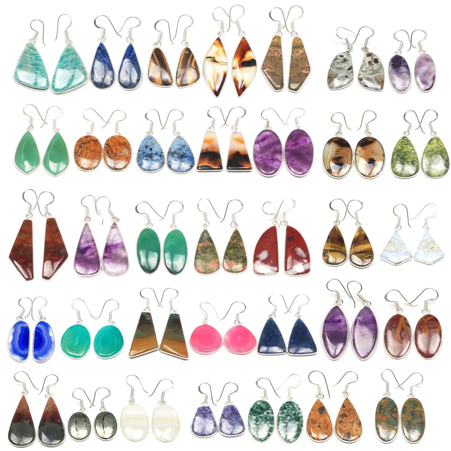 Earrings Set for Women - 10 Pairs Crystal Drop & Dangle Earrings, Assorted Natural Gemstones - Handcrafted