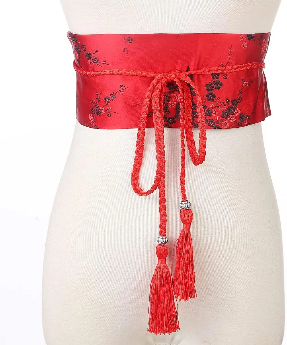 FAD-4U Womens Kimono Obi Belt Japanese Style Embroidered Wide Waistband Girdle with Tassel Yukata Robe Accessories