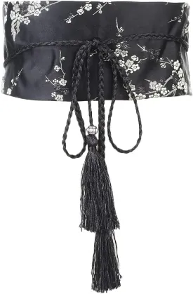 FAD-4U Womens Kimono Obi Belt Japanese Style Embroidered Wide Waistband Girdle with Tassel Yukata Robe Accessories