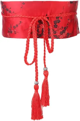 FAD-4U Womens Kimono Obi Belt Japanese Style Embroidered Wide Waistband Girdle with Tassel Yukata Robe Accessories