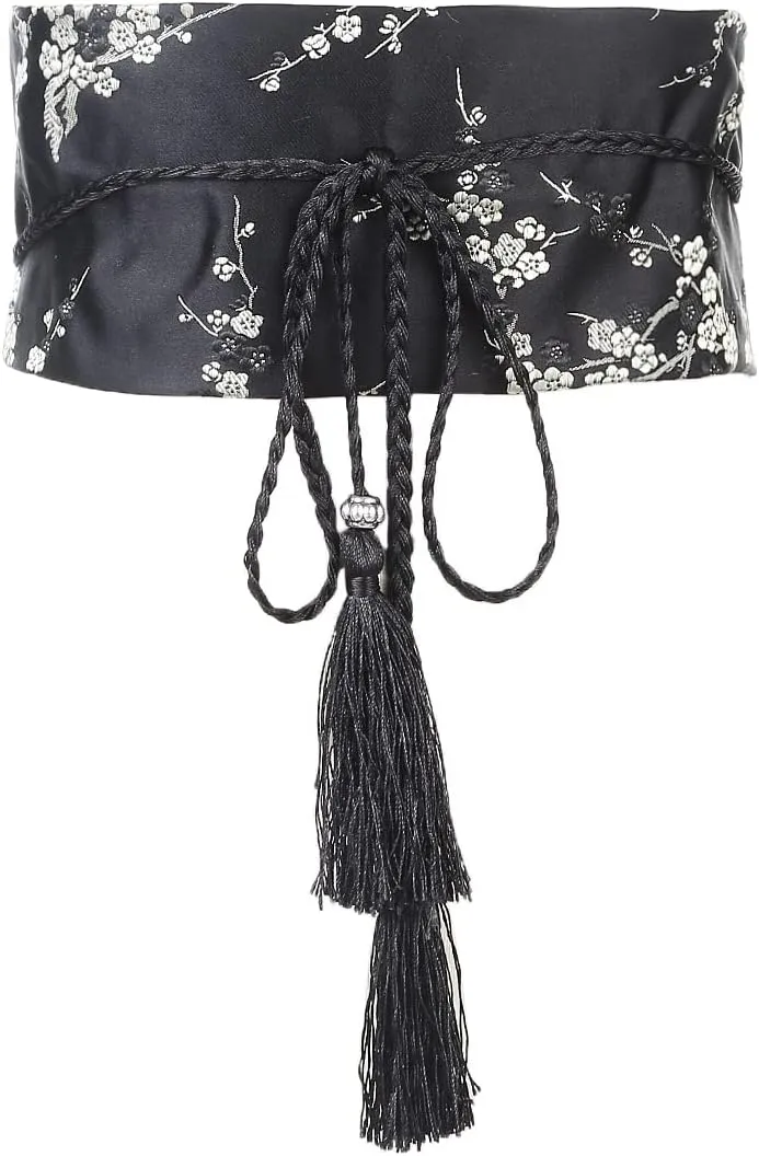 FAD-4U Womens Kimono Obi Belt Japanese Style Embroidered Wide Waistband Girdle with Tassel Yukata Robe Accessories