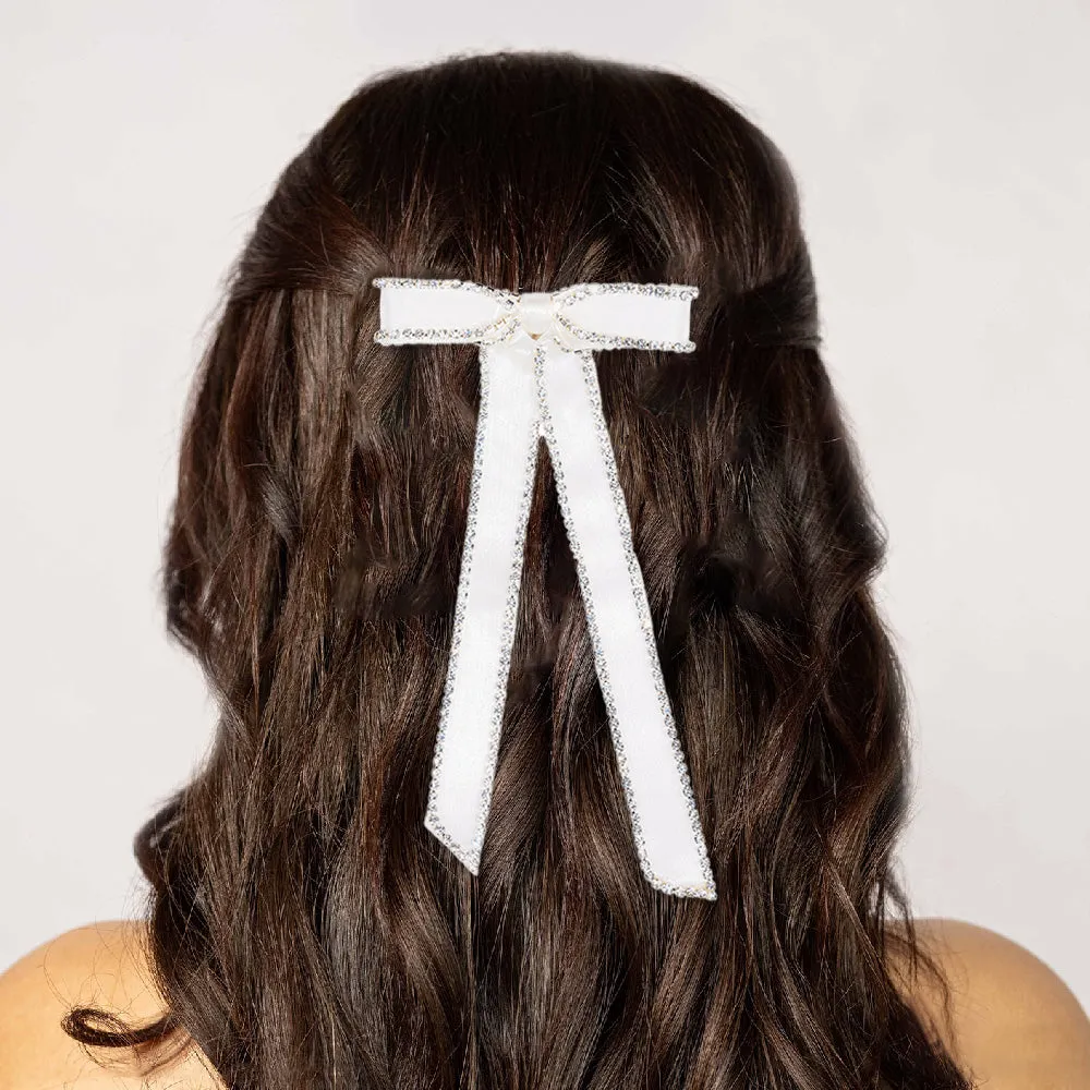 Hair Drama Co Satin Crystal Hair Bow Alligator Clip - Off-White