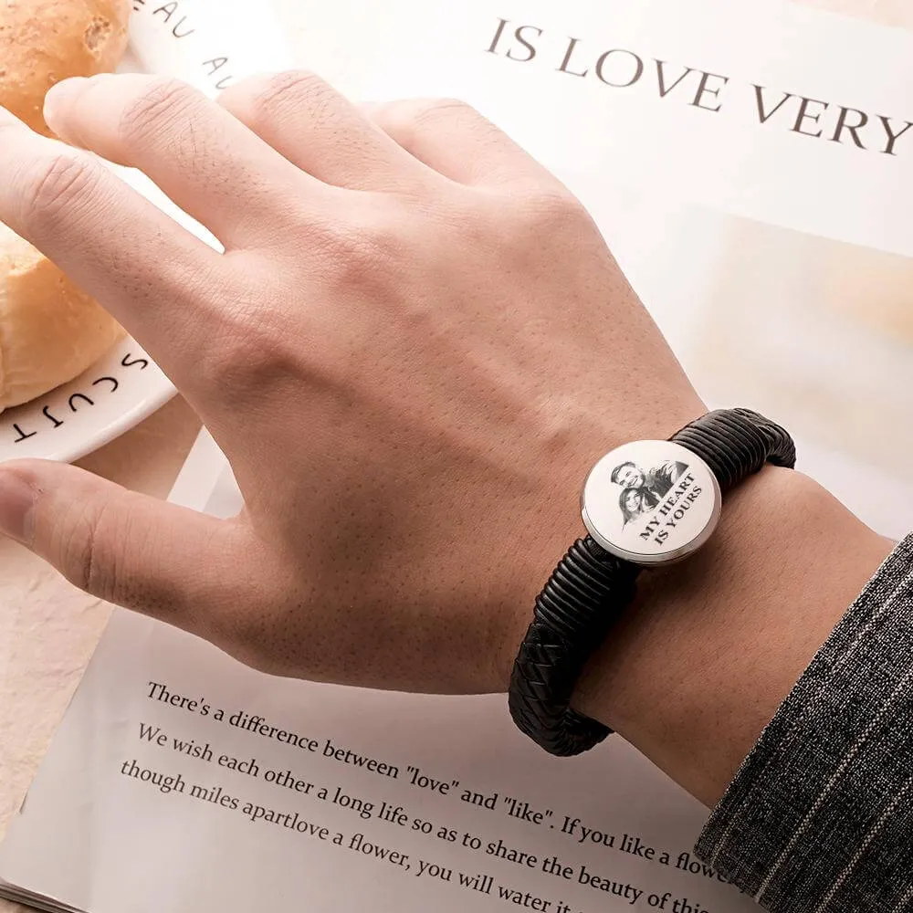Men's Personalized Engraved Photo Braided Leather Bracelet