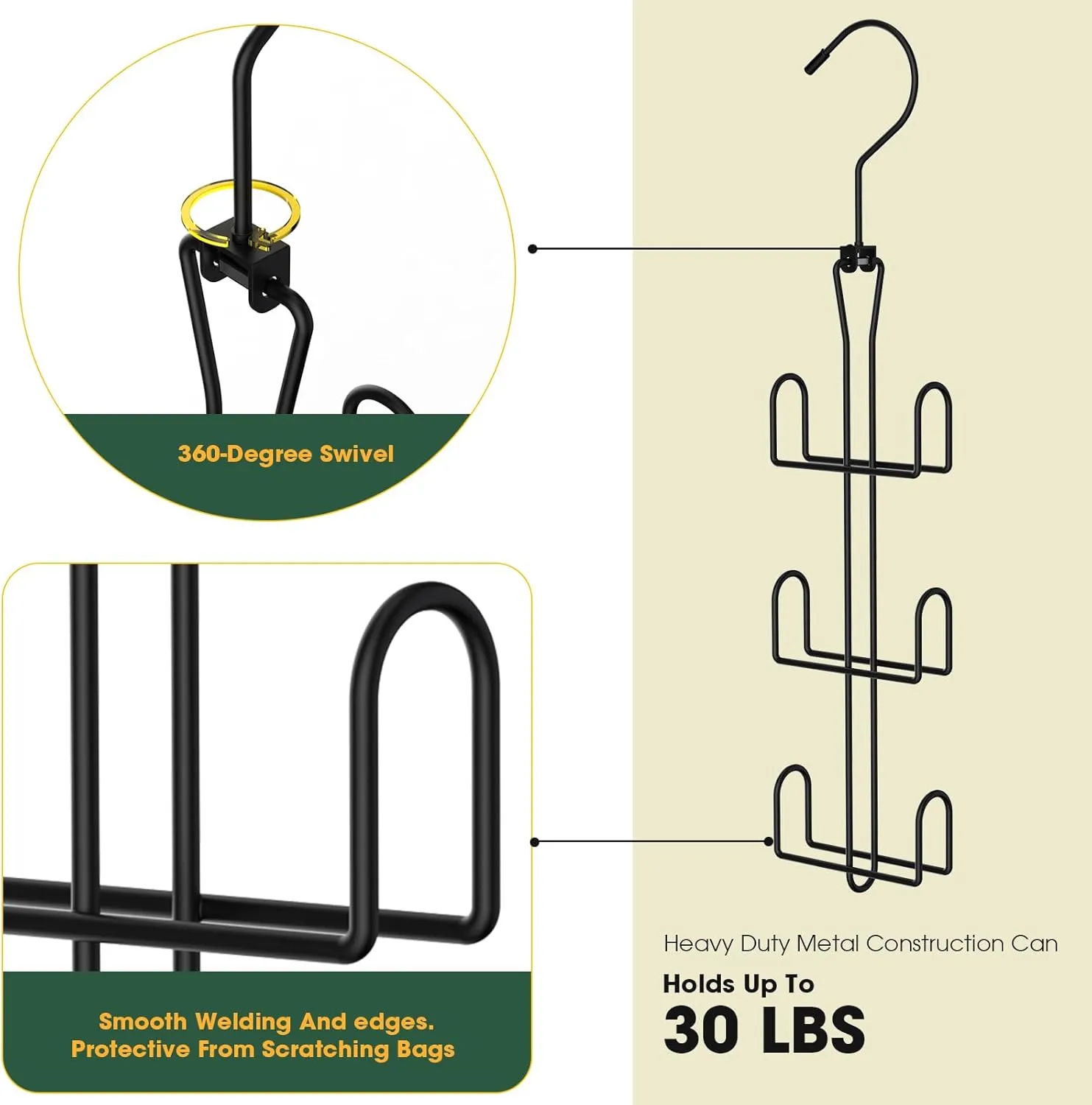Purse Hanger 2 Pack,Purse Organizer for Closet,Rotatable Metal Bag Organizer,Purse Holder for Handbags,Belts,Scarves,Tote,Baseball Hats,Backpacks(Black)