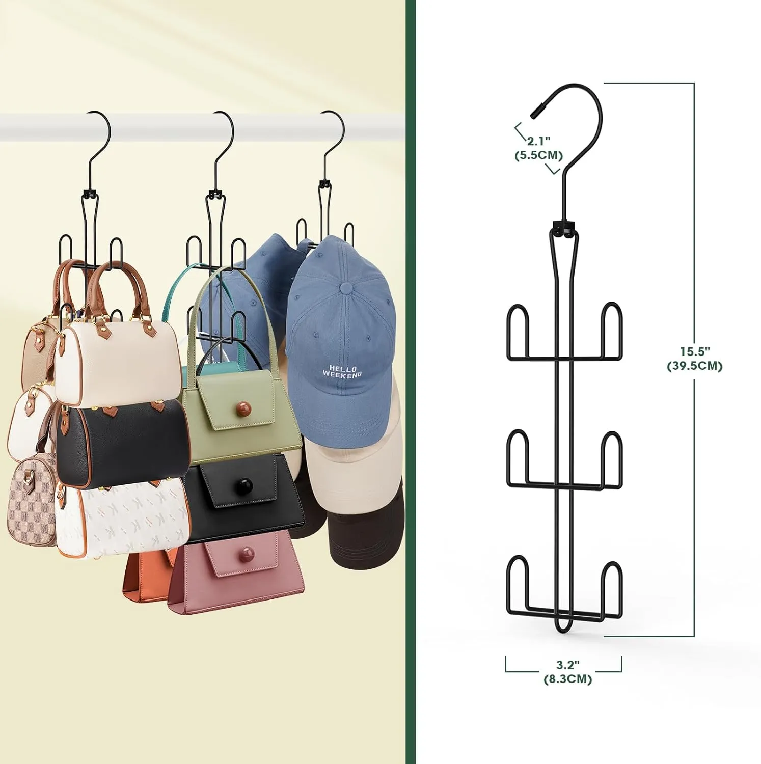Purse Hanger 2 Pack,Purse Organizer for Closet,Rotatable Metal Bag Organizer,Purse Holder for Handbags,Belts,Scarves,Tote,Baseball Hats,Backpacks(Black)