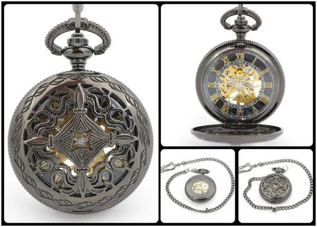 Steampunk Skeleton Male Clock Transparent Mechanical Black See Though Face Retro Ver Vintage Pendant Pocket Watch Gift