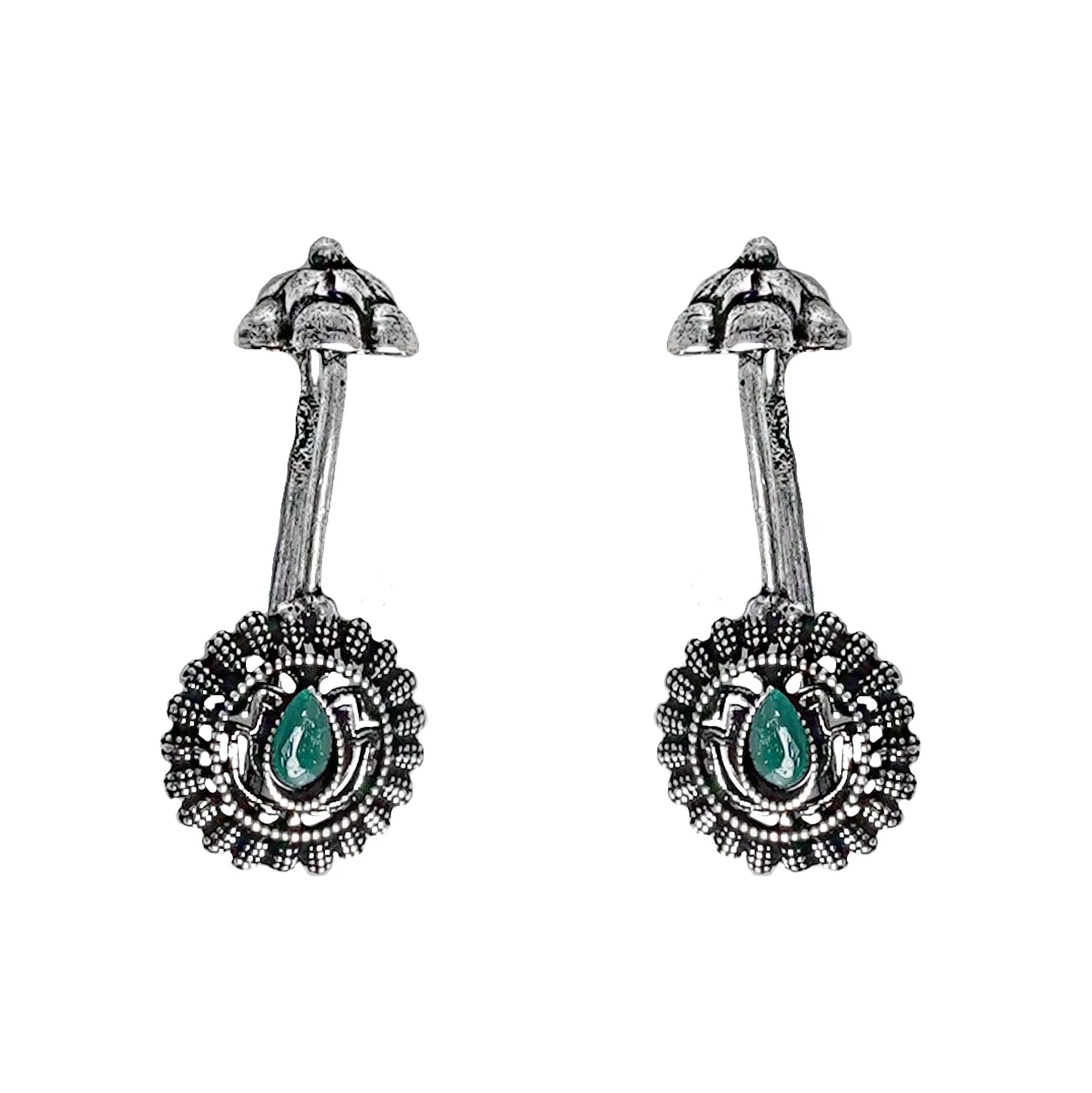 Teejh  Nitara Green Stone Silver Oxidised Clip On Bugadi