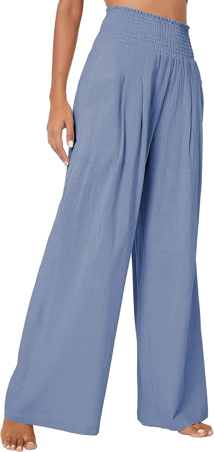 Urban CoCo Women's Elastic High Waist Light Weight Loose Casual Wide Leg Trousers Long Pants with Pocket