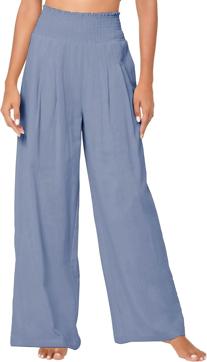Urban CoCo Women's Elastic High Waist Light Weight Loose Casual Wide Leg Trousers Long Pants with Pocket