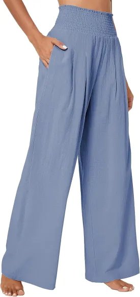Urban CoCo Women's Elastic High Waist Light Weight Loose Casual Wide Leg Trousers Long Pants with Pocket