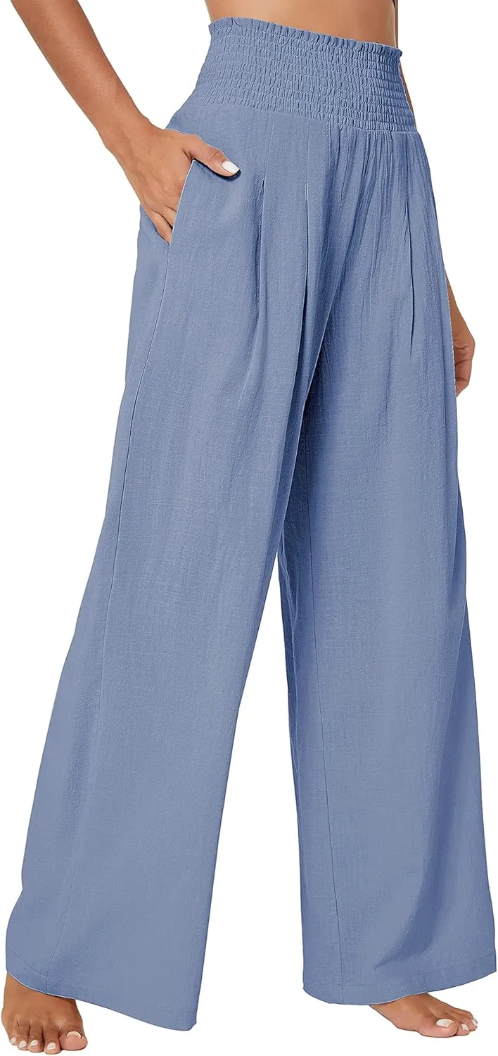 Urban CoCo Women's Elastic High Waist Light Weight Loose Casual Wide Leg Trousers Long Pants with Pocket