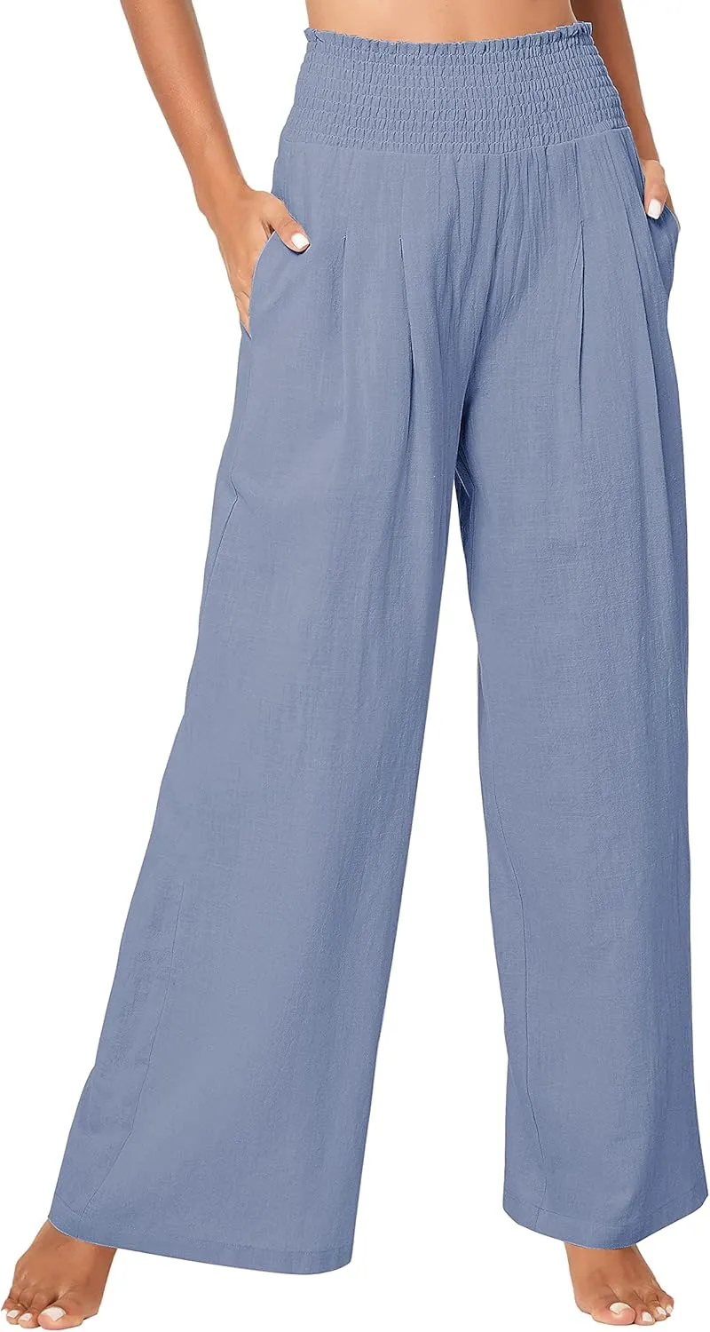 Urban CoCo Women's Elastic High Waist Light Weight Loose Casual Wide Leg Trousers Long Pants with Pocket