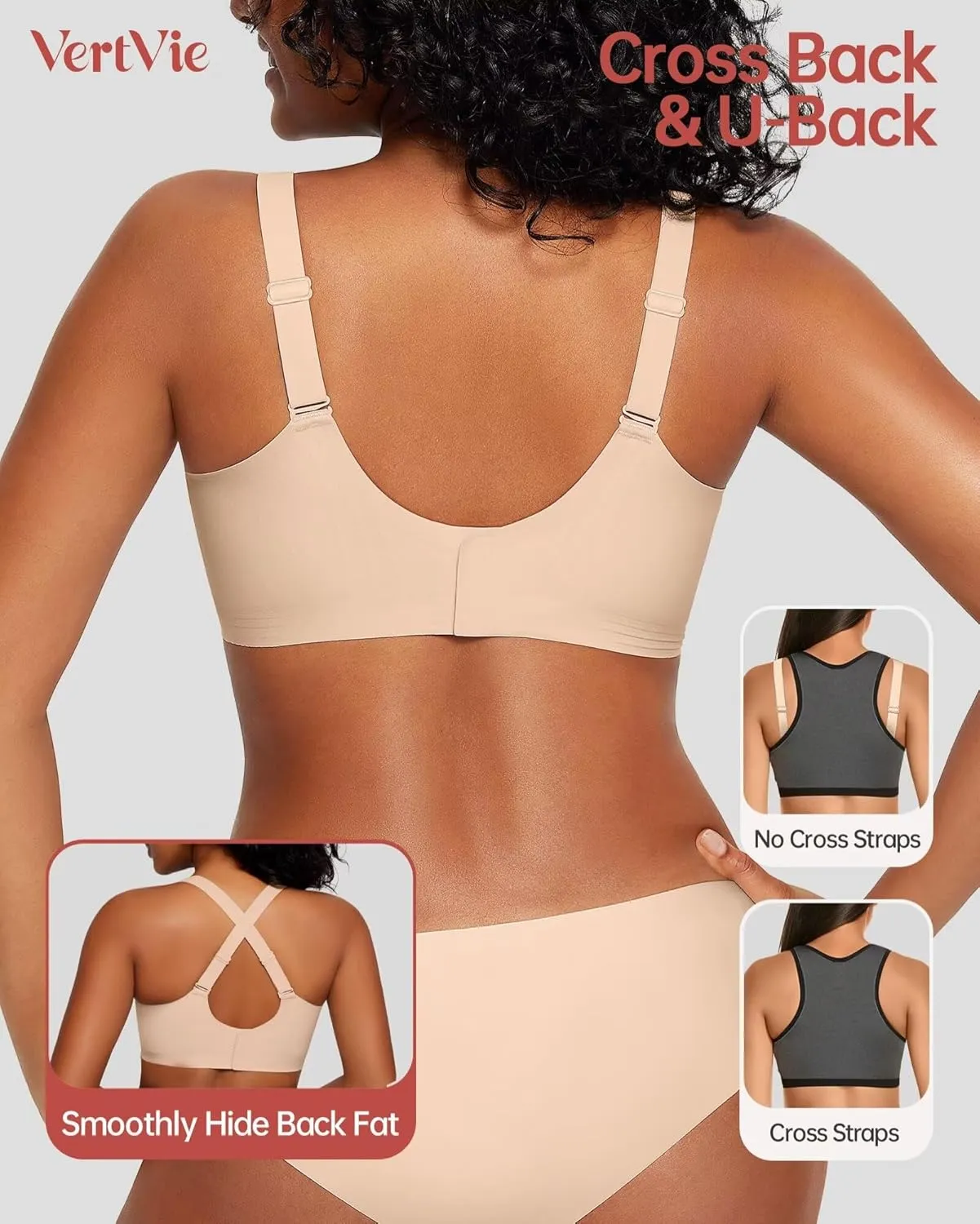 Vertvie Deep V Bras for Women No Underwire Push Up Wireless Bra Comfort Seamless Supportive Bra Racerback Soft Sleep Bralette