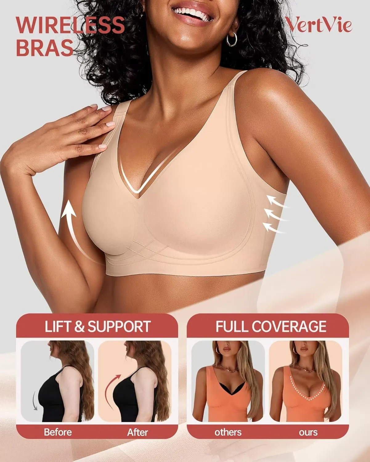 Vertvie Deep V Bras for Women No Underwire Push Up Wireless Bra Comfort Seamless Supportive Bra Racerback Soft Sleep Bralette