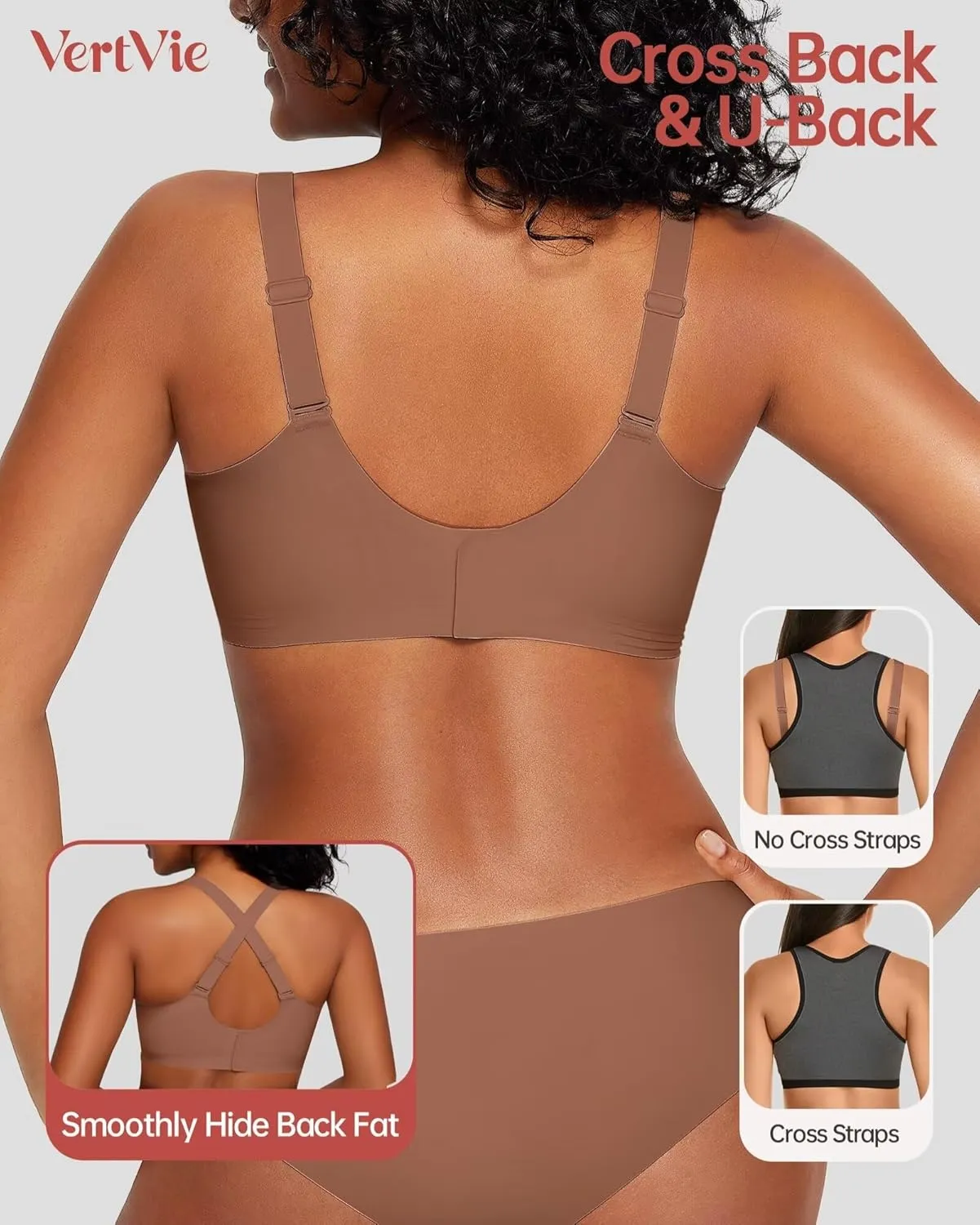 Vertvie Deep V Bras for Women No Underwire Push Up Wireless Bra Comfort Seamless Supportive Bra Racerback Soft Sleep Bralette