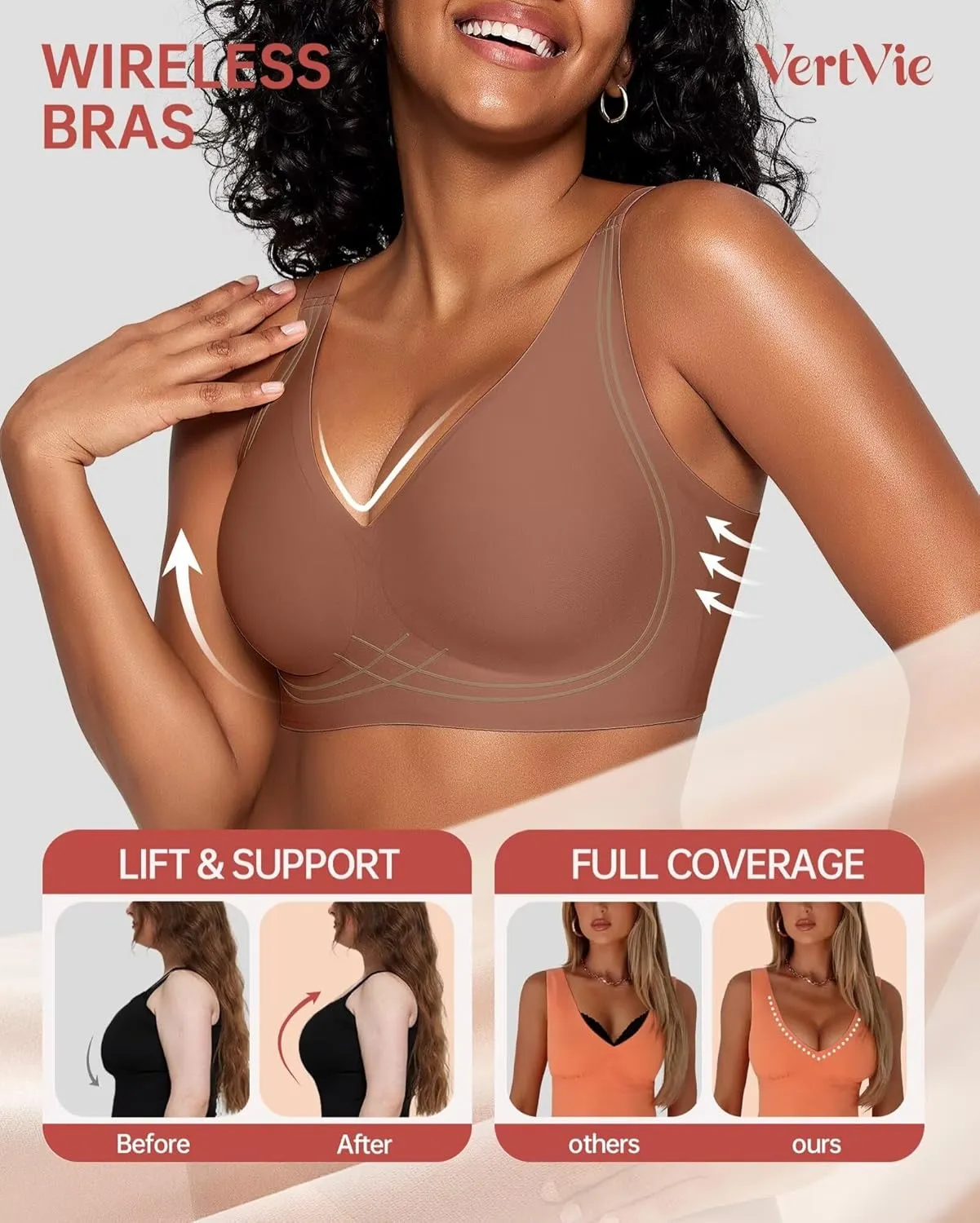 Vertvie Deep V Bras for Women No Underwire Push Up Wireless Bra Comfort Seamless Supportive Bra Racerback Soft Sleep Bralette