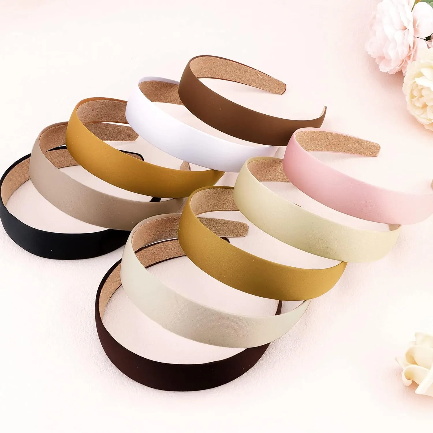 Wecoe Satin Headbands for Women and Girls - 10 Pack 1.3 Inch Wide Non-Slip Fashion Headbands in Neutral Colors, DIY Holiday Hair Accessories