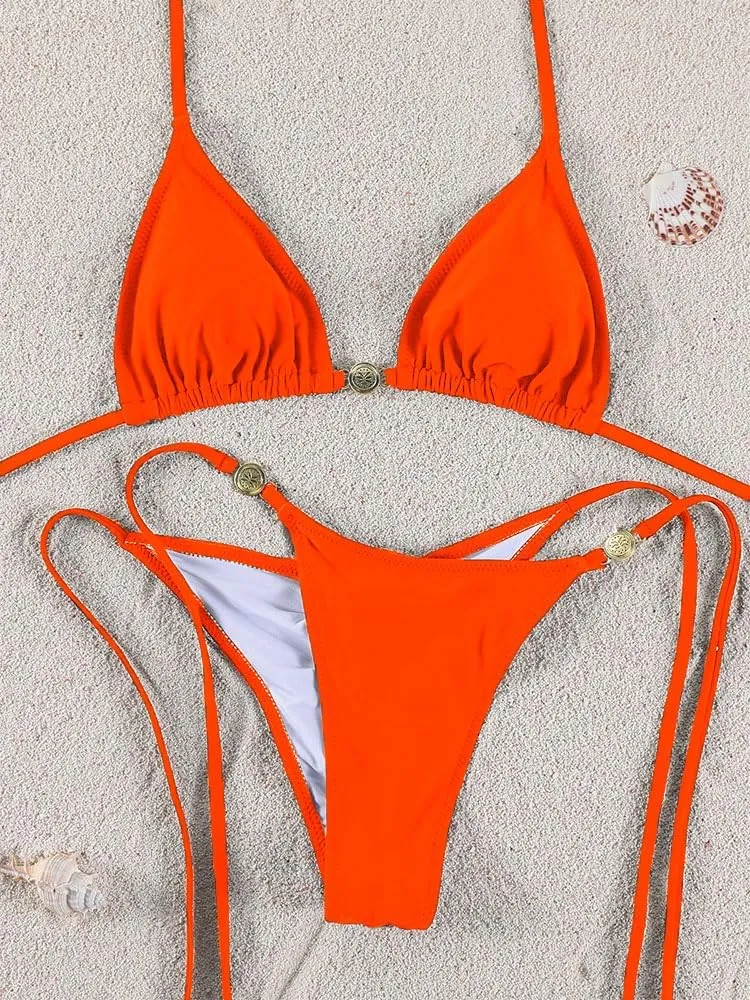 Women Thong Bikini Sets String Halter Two Piece Sexy Swimsuit Cheeky Solid Color Bathing Suit