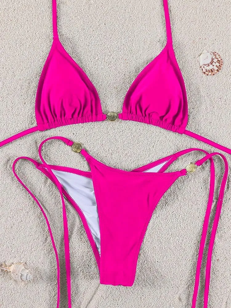 Women Thong Bikini Sets String Halter Two Piece Sexy Swimsuit Cheeky Solid Color Bathing Suit