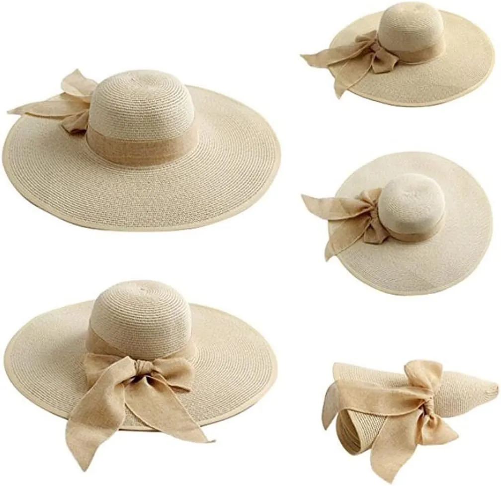Womens Big Bowknot Straw Hat Wide Brim Sun Protection Straw Hat UPF 50 Summer Sun Hat Floppy Foldable Roll up Beach Cap