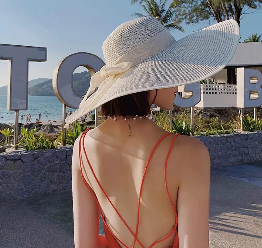 Womens Big Bowknot Straw Hat Wide Brim Sun Protection Straw Hat UPF 50 Summer Sun Hat Floppy Foldable Roll up Beach Cap