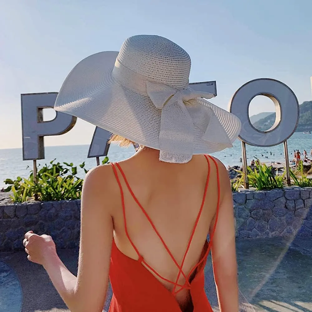 Womens Big Bowknot Straw Hat Wide Brim Sun Protection Straw Hat UPF 50 Summer Sun Hat Floppy Foldable Roll up Beach Cap