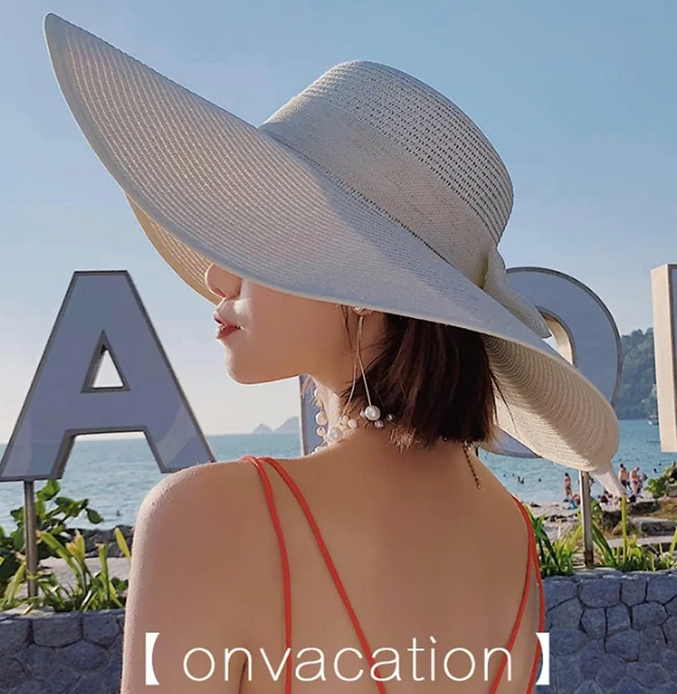 Womens Big Bowknot Straw Hat Wide Brim Sun Protection Straw Hat UPF 50 Summer Sun Hat Floppy Foldable Roll up Beach Cap
