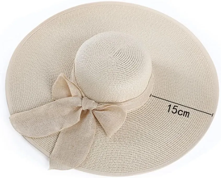 Womens Big Bowknot Straw Hat Wide Brim Sun Protection Straw Hat UPF 50 Summer Sun Hat Floppy Foldable Roll up Beach Cap