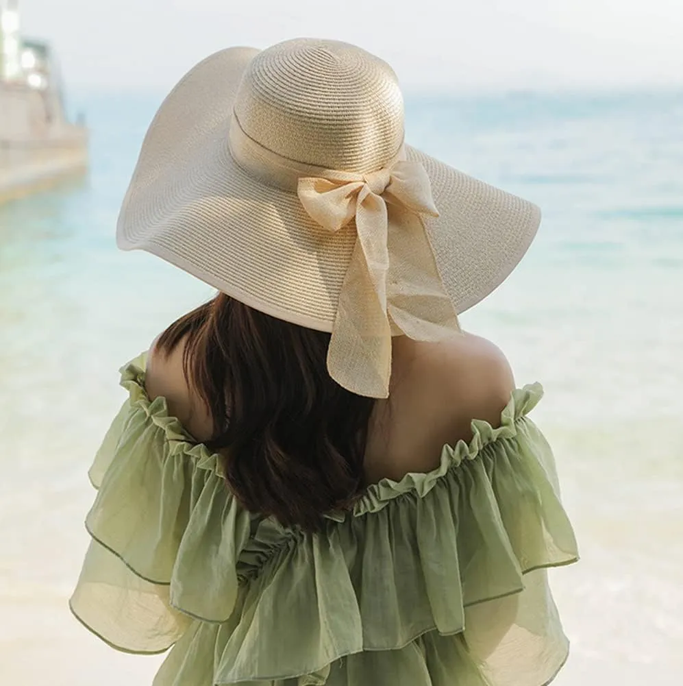 Womens Big Bowknot Straw Hat Wide Brim Sun Protection Straw Hat UPF 50 Summer Sun Hat Floppy Foldable Roll up Beach Cap