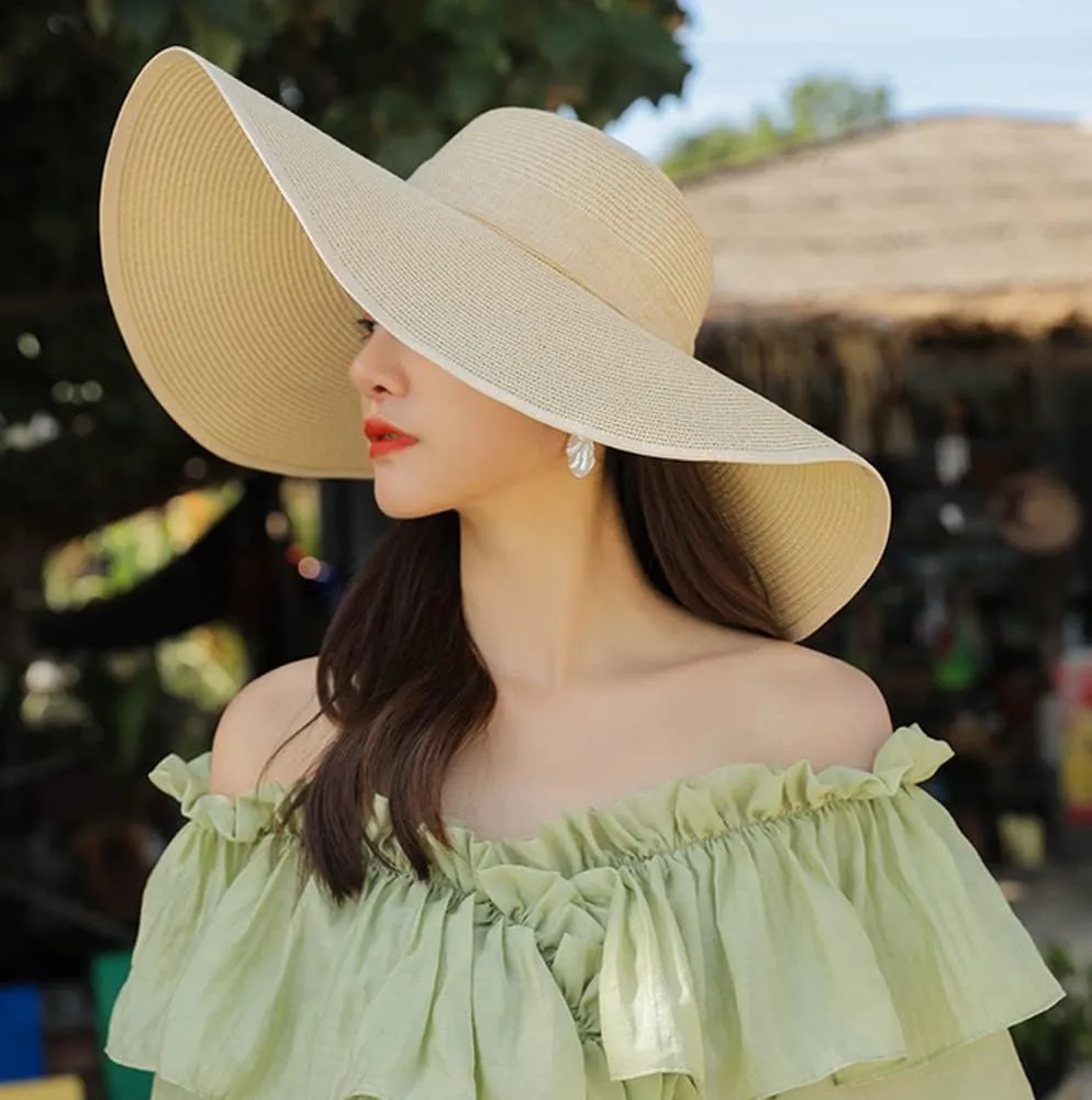 Womens Big Bowknot Straw Hat Wide Brim Sun Protection Straw Hat UPF 50 Summer Sun Hat Floppy Foldable Roll up Beach Cap