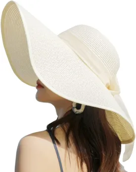Womens Big Bowknot Straw Hat Wide Brim Sun Protection Straw Hat UPF 50 Summer Sun Hat Floppy Foldable Roll up Beach Cap