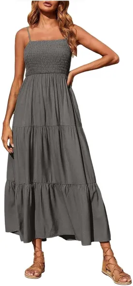 Women's Summer Maxi Dress 2025 Casual Boho Sleeveless Spaghetti Strap Smocked Tiered Long Beach Sundresses