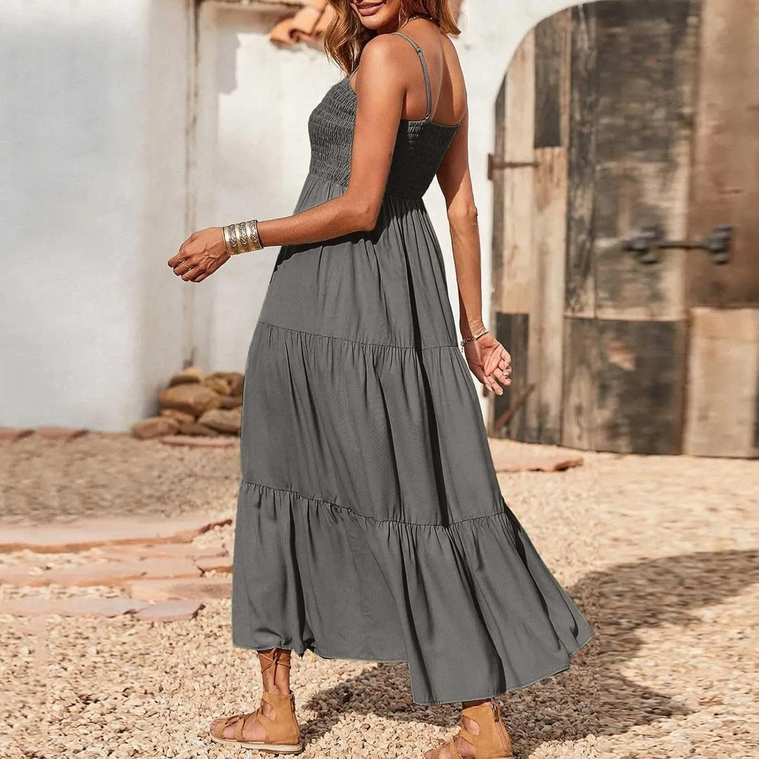 Women's Summer Maxi Dress 2025 Casual Boho Sleeveless Spaghetti Strap Smocked Tiered Long Beach Sundresses